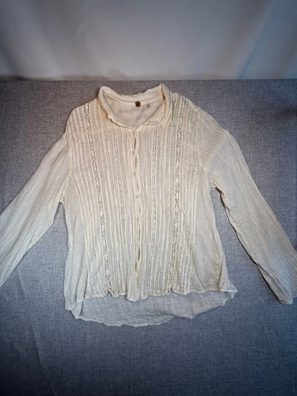 Free People XL Ivory Gauze Blouse Crochet Lace Pintuck Boho Button Up